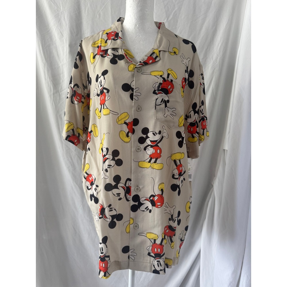 Disney Mickey Mouse Mens Khaki All Over Print Rayon Button Down Shirt Size M NEW